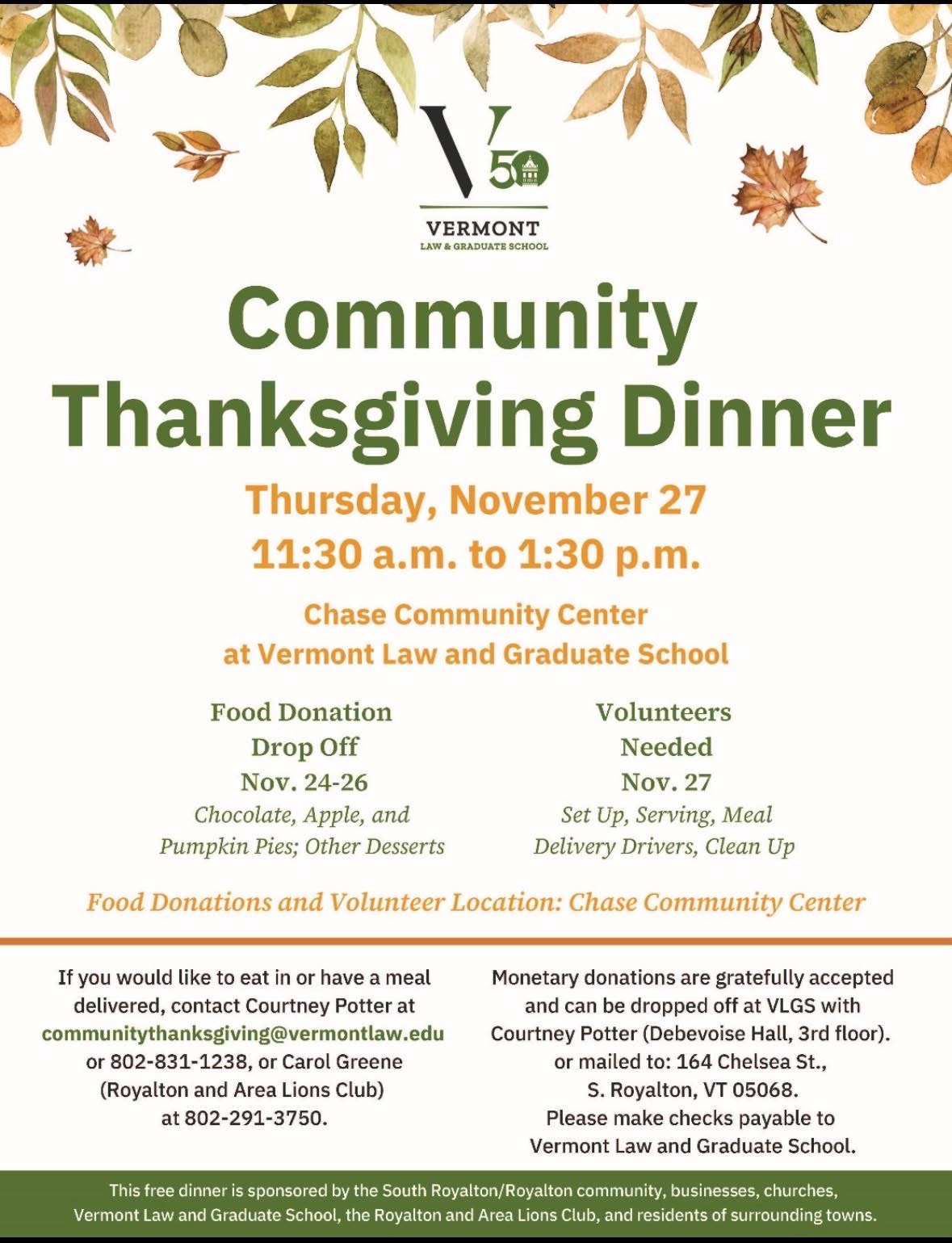 Community Thanksgiving Dinner at VLGS in South Royalton!