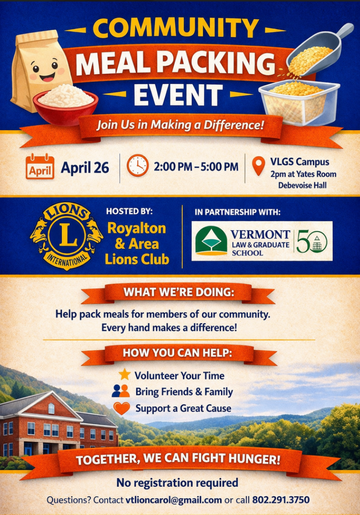 Community Meal Packing Event at Vermont Law & Graduate School in So Ro!