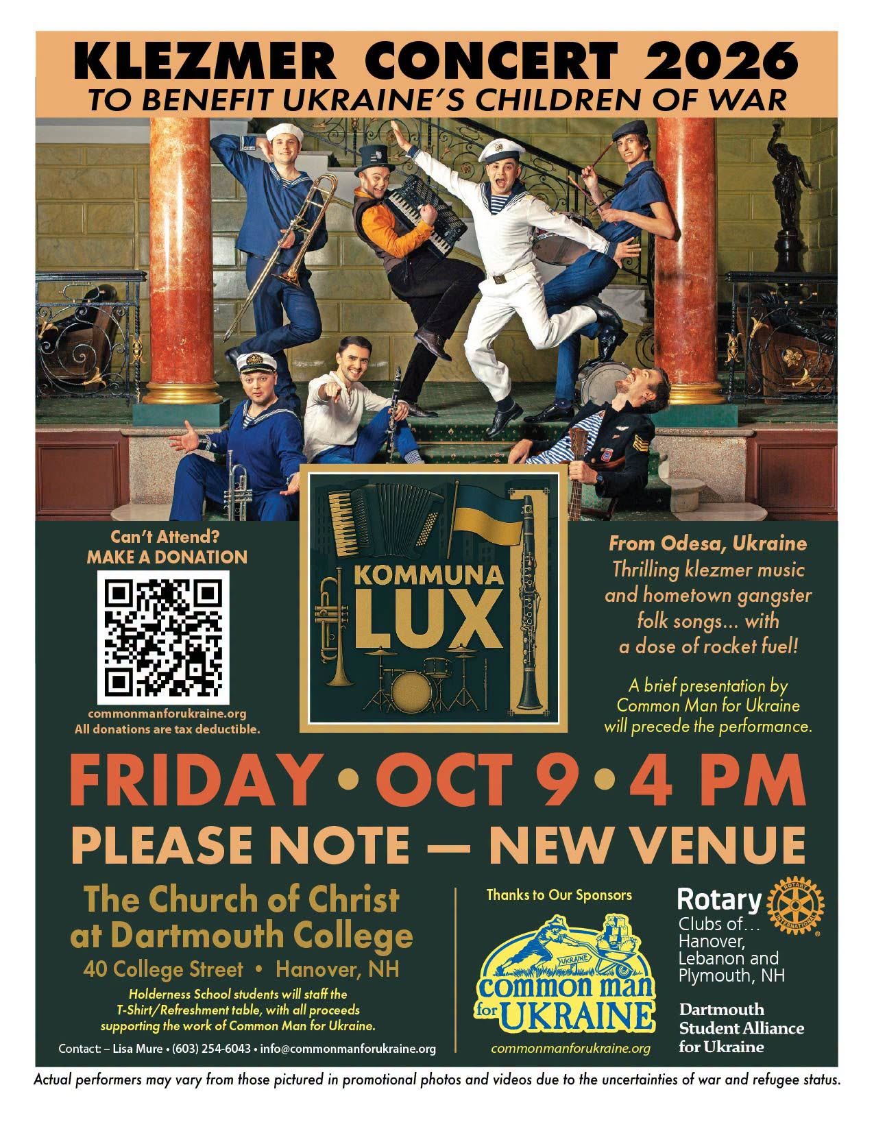 Klezmer Concert to Benefit Ukraine's Children of War at Dartmouth College!